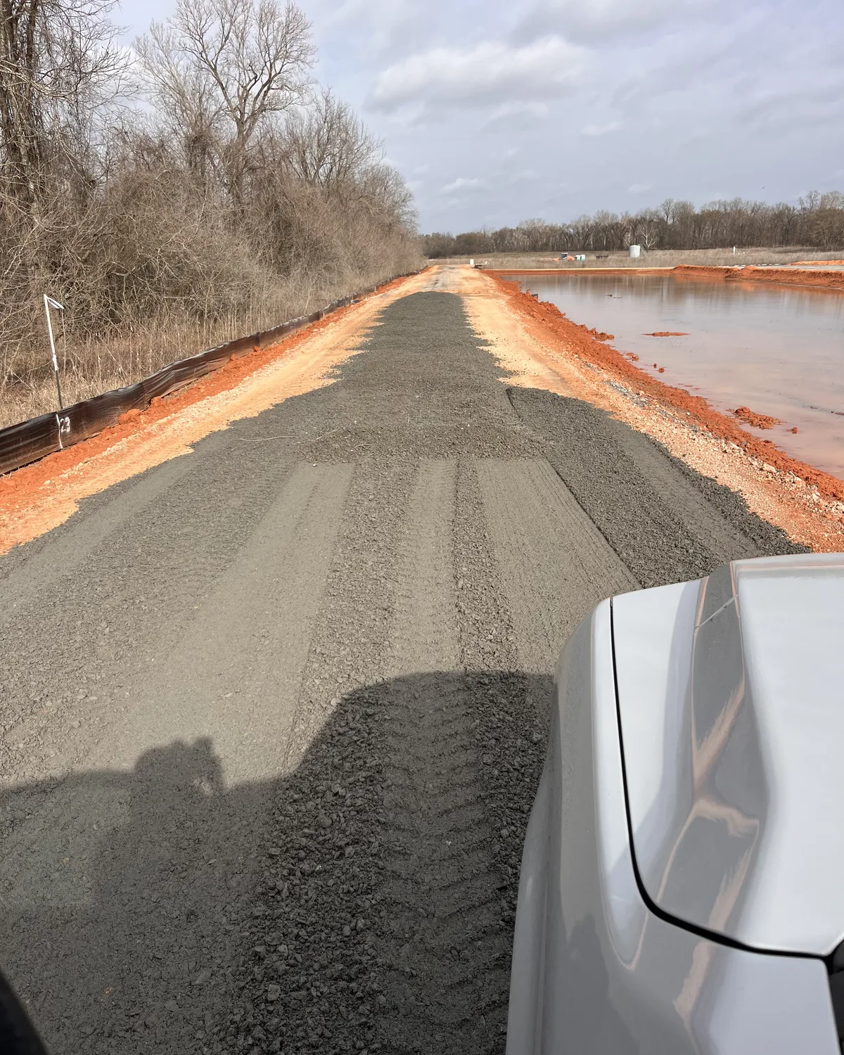 Rock spread on a construction access road
